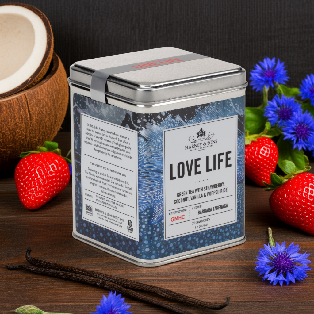 Love Life: A Strawberry Vanilla Japanese Bancha Green Tea, Charity Tin of 20 Sachets