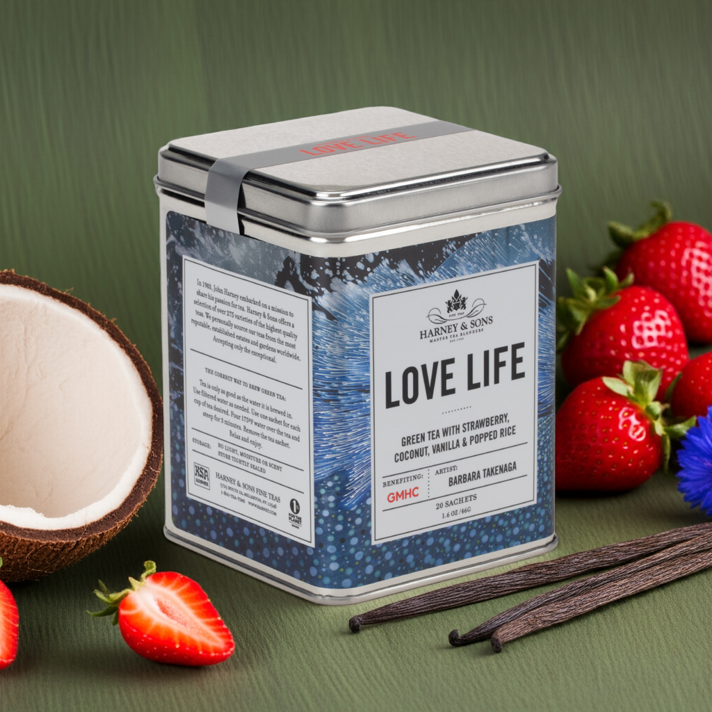 Love Life: A Strawberry Vanilla Japanese Bancha Green Tea, Charity Tin of 20 Sachets